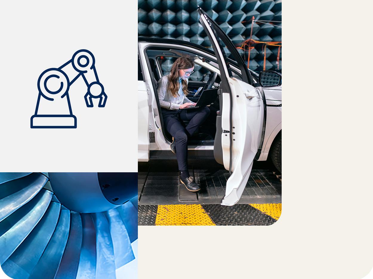 Icon of a robot arm. A white car in testing tunnel. A part of airplane jet engine.